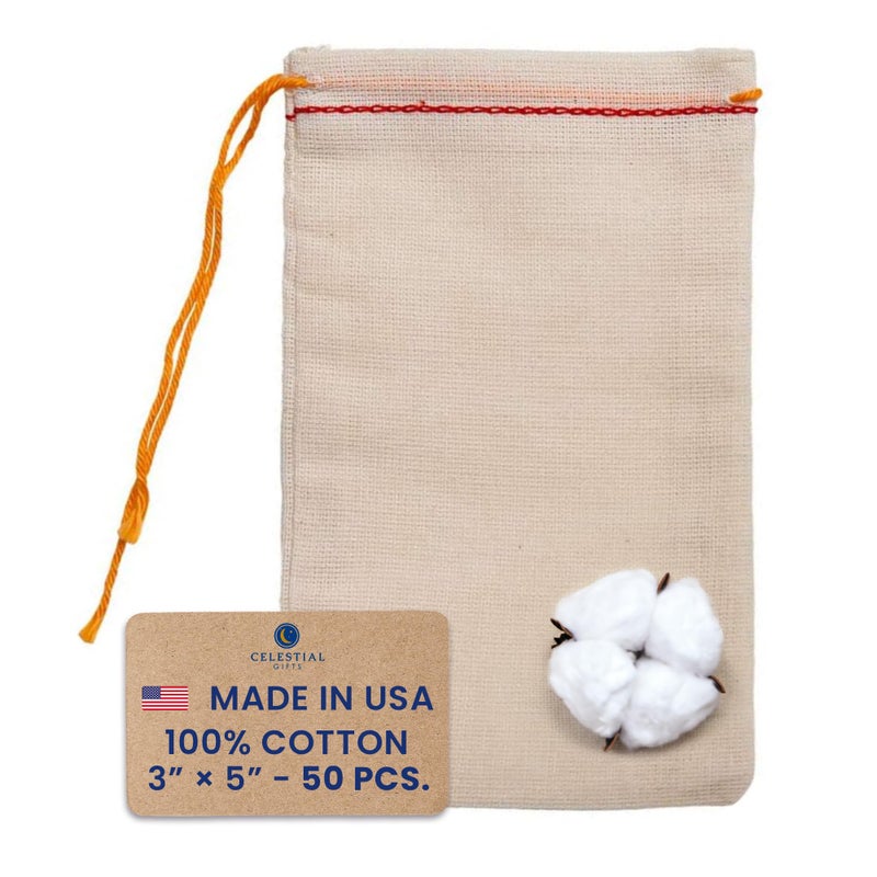 Celestial Gifts Muslin Bags - Drawstring Bags Small 50pcs - 3x5, Reusable Tea, Jewelry, Gift, Spice and Sachet Bag - 100% Cotton - Made in USA - (Red Hem & Orange Drawstring) - Image 1